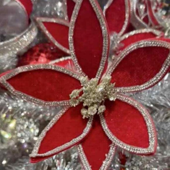 24 inch Triple Velvet with Jewel Poinsettia Stem Beautiful Christmas Home Decor - Picture 3 of 9